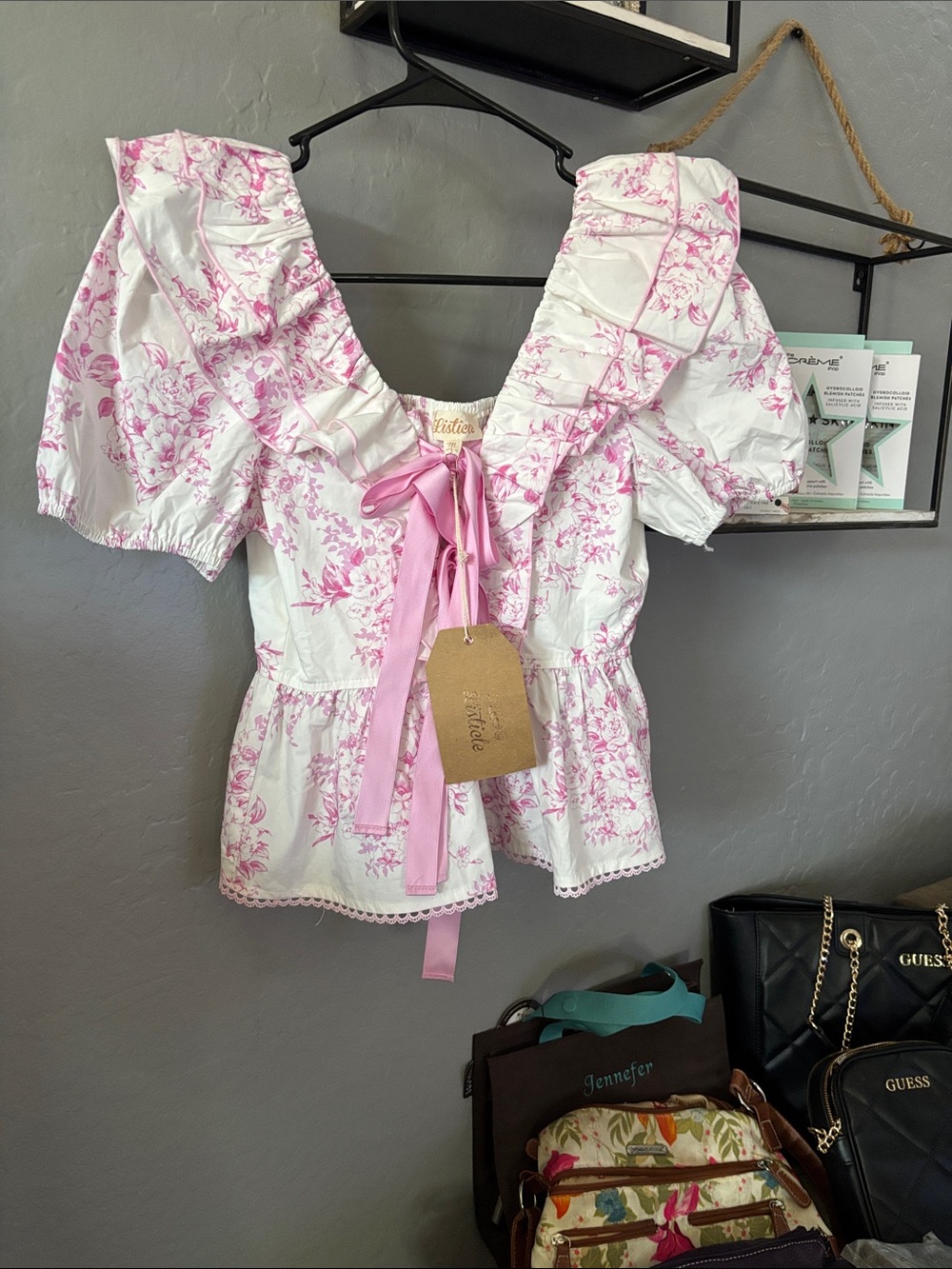 Listicle White and Pink Toile Ruffle Tie-Front Peplum Top